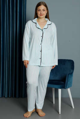Çizgili Uzun Kol Büyük Beden Pijama Takım Mint - IŞILAY