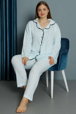 Çizgili Uzun Kol Büyük Beden Pijama Takım Mint - Kadın Pijama Takımı