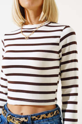 Çizgili Uzun Kol Crop Kahve - Kadın Giyim Modelleri