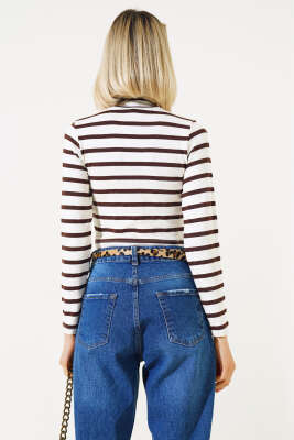 Çizgili Uzun Kol Crop Kahve - Kadın Giyim Modelleri