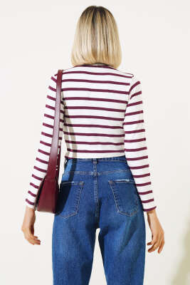 Çizgili Uzun Kol Crop Mürdüm - Kadın Giyim Modelleri