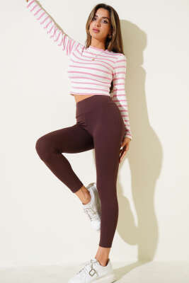 Çizgili Uzun Kol Crop Pembe - Yılın Fırsatı