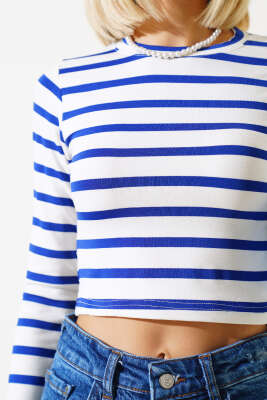 Çizgili Uzun Kol Crop Saks - Kadın Giyim Modelleri