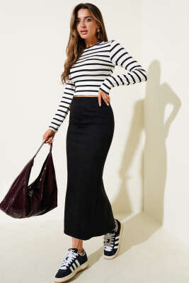 Çizgili Uzun Kol Crop Siyah - Yılın Fırsatı