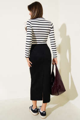 Çizgili Uzun Kol Crop Siyah - Yılın Fırsatı