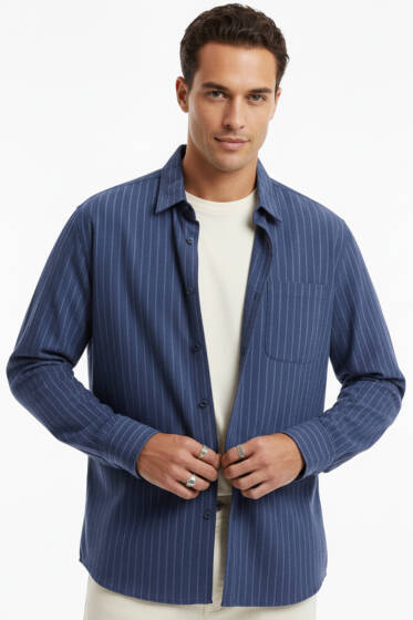 Çizgili Uzun Kol Gömlek Lacivert - Erkek Gömlek