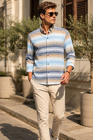 Çizgili Uzun Kol Slim Fit Erkek Gömlek Bej - Kampanyalı Ürünler