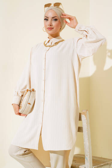 Çizgili Uzun Salaş Gömlek Bej - Gömlek