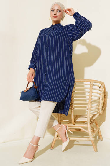 Çizgili Uzun Salaş Gömlek Lacivert - Gömlek