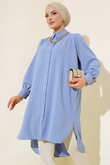 Çizgili Uzun Salaş Gömlek Mavi - Gömlek
