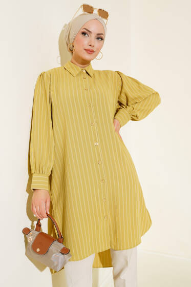 Çizgili Uzun Salaş Gömlek Yağ Yeşili - Gömlek