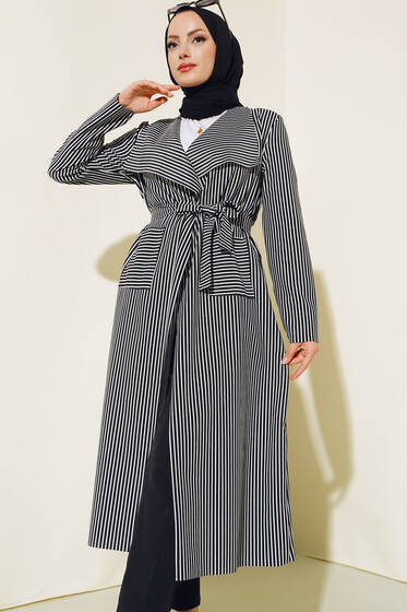 Çizgili Uzun Trençkot Siyah - Trençkot