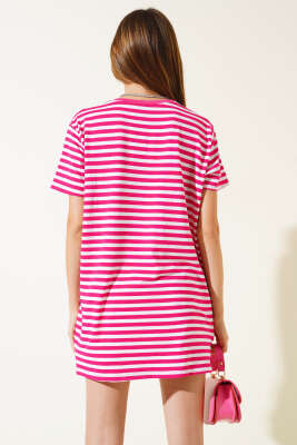 Çizgili Viskon Salaş T-shirt Fuşya - Kadın Giyim Modelleri