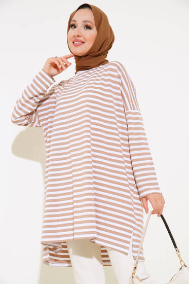 Çizgili Viskon Tunik Latte - Tunik