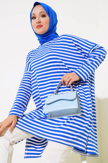Çizgili Viskon Tunik Saks - Tunik