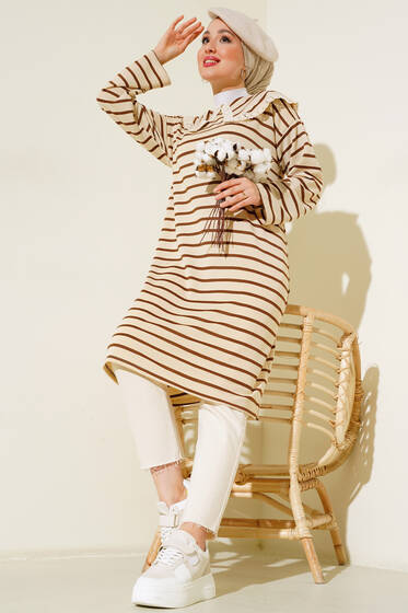 Çizgili Yaka Dantelli Tunik Kahve - Tunik