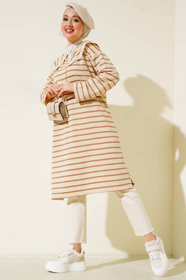 Çizgili Yaka Dantelli Tunik Latte - Tunik