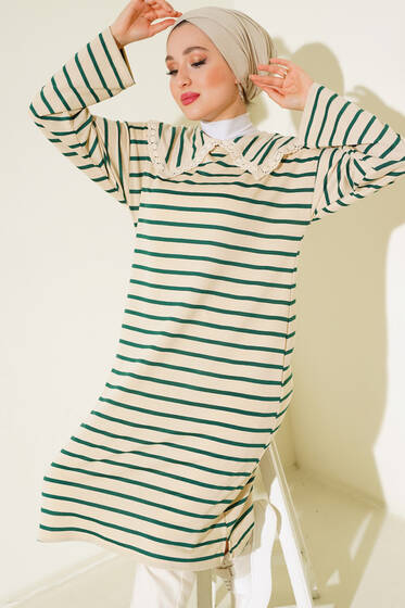 Çizgili Yaka Dantelli Tunik Zümrüt Yeşili - Tunik