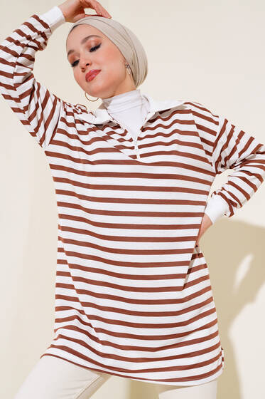 Çizgili Yaka Fermuarlı Tunik Kahve - Tunik