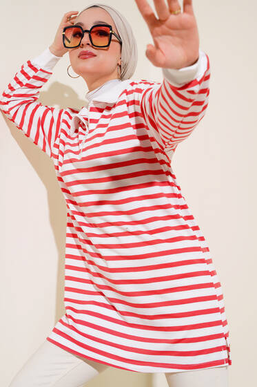 Çizgili Yaka Fermuarlı Tunik Oranj - Tunik