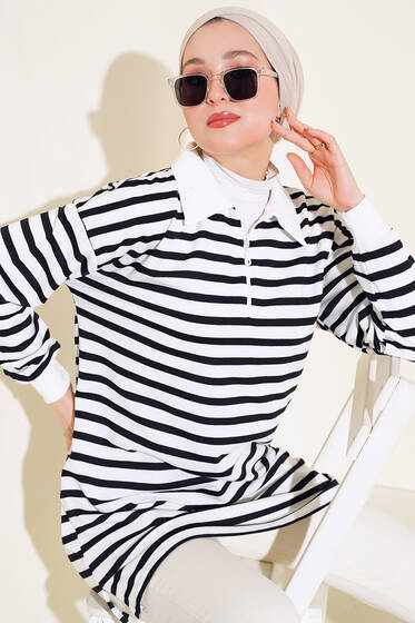Çizgili Yaka Fermuarlı Tunik Siyah - Tunik