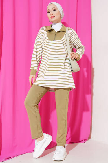 Çizgili Yakası Yarım Fermuarlı İkili Takım Nefti - İkili Takım