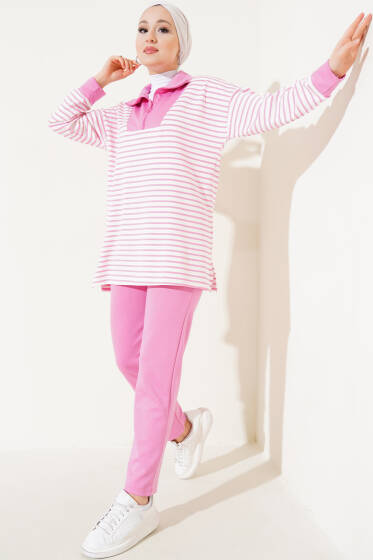 Çizgili Yakası Yarım Fermuarlı İkili Takım Pembe - İkili Takım