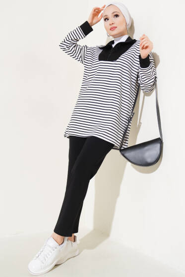 Çizgili Yakası Yarım Fermuarlı İkili Takım Siyah - İkili Takım