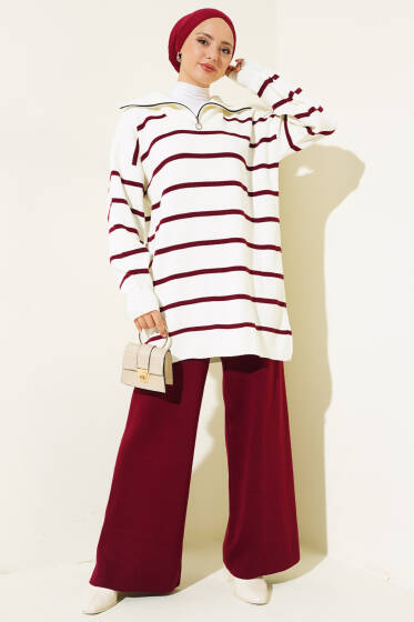 Çizgili Yakası Yarım Fermuarlı Triko İkili Takım Bordo - İkili Takım