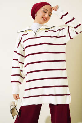 Çizgili Yakası Yarım Fermuarlı Triko İkili Takım Bordo - Triko İkili Takım