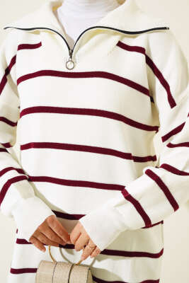 Çizgili Yakası Yarım Fermuarlı Triko İkili Takım Bordo - Triko İkili Takım