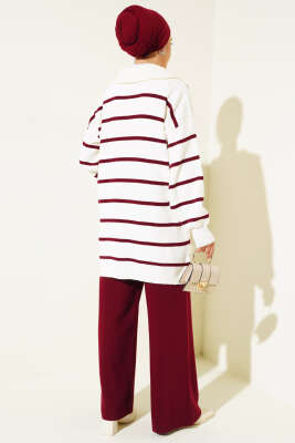Çizgili Yakası Yarım Fermuarlı Triko İkili Takım Bordo - Triko İkili Takım