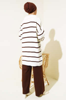 Çizgili Yakası Yarım Fermuarlı Triko İkili Takım Kahve - Triko İkili Takım