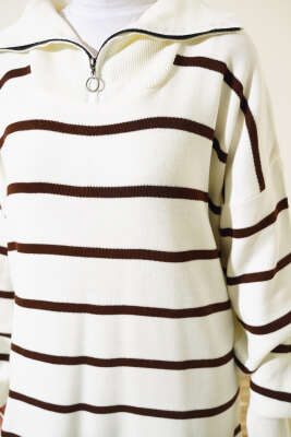 Çizgili Yakası Yarım Fermuarlı Triko İkili Takım Kahve - Triko İkili Takım