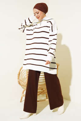 Çizgili Yakası Yarım Fermuarlı Triko İkili Takım Kahve - Triko İkili Takım