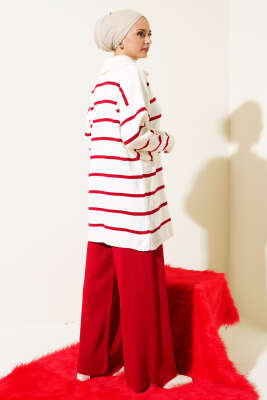 Çizgili Yakası Yarım Fermuarlı Triko İkili Takım Kırmızı - Triko İkili Takım