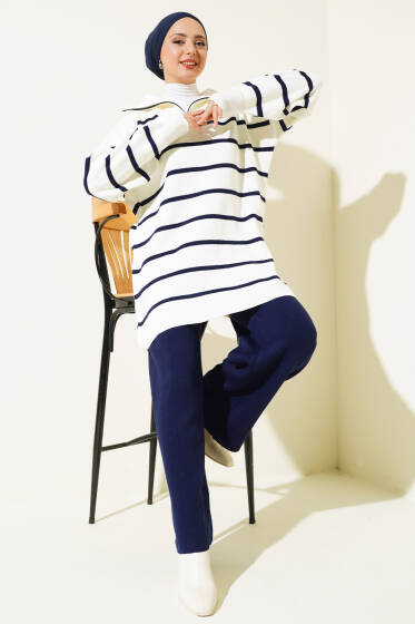 Çizgili Yakası Yarım Fermuarlı Triko İkili Takım Lacivert - İkili Takım