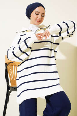 Çizgili Yakası Yarım Fermuarlı Triko İkili Takım Lacivert - Triko İkili Takım