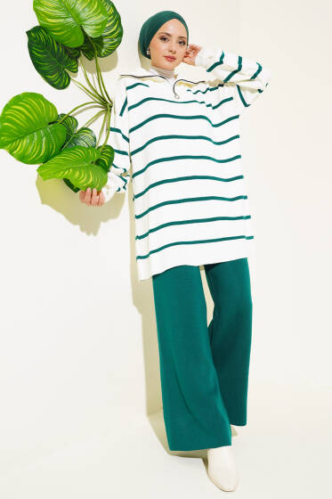 Çizgili Yakası Yarım Fermuarlı Triko İkili Takım Nefti - İkili Takım