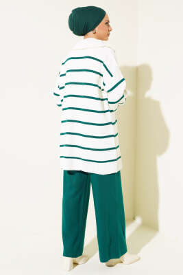 Çizgili Yakası Yarım Fermuarlı Triko İkili Takım Nefti - Triko İkili Takım