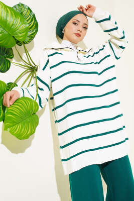 Çizgili Yakası Yarım Fermuarlı Triko İkili Takım Nefti - Triko İkili Takım