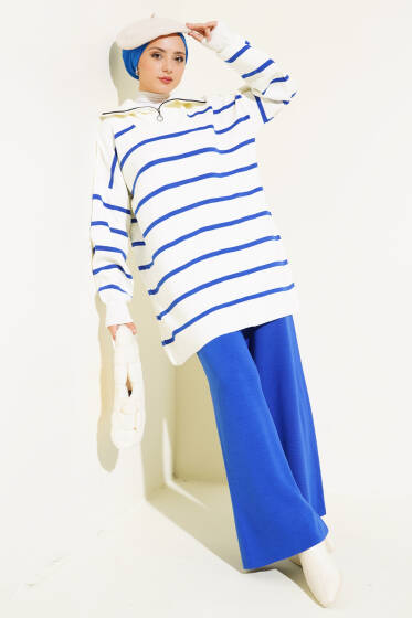 Çizgili Yakası Yarım Fermuarlı Triko İkili Takım Saks - İkili Takım