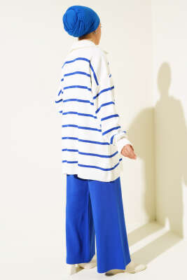 Çizgili Yakası Yarım Fermuarlı Triko İkili Takım Saks - Triko İkili Takım