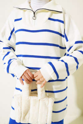 Çizgili Yakası Yarım Fermuarlı Triko İkili Takım Saks - Triko İkili Takım