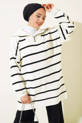 Çizgili Yakası Yarım Fermuarlı Triko İkili Takım Siyah - Triko İkili Takım