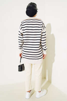 Çizgili Yakası Yarım Fermuarlı Triko Tunik Bej - Triko Tunik