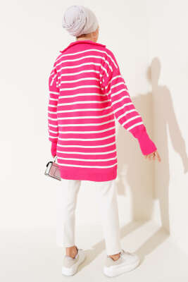 Çizgili Yakası Yarım Fermuarlı Triko Tunik Fuşya - Triko Tunik
