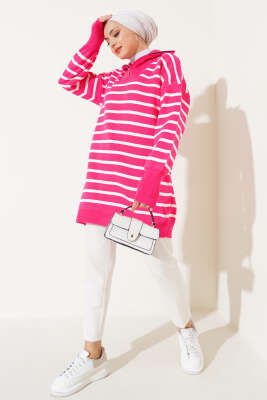 Çizgili Yakası Yarım Fermuarlı Triko Tunik Fuşya - Triko Tunik