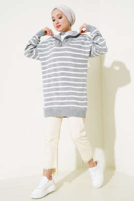 Çizgili Yakası Yarım Fermuarlı Triko Tunik Gri - Triko Tunik