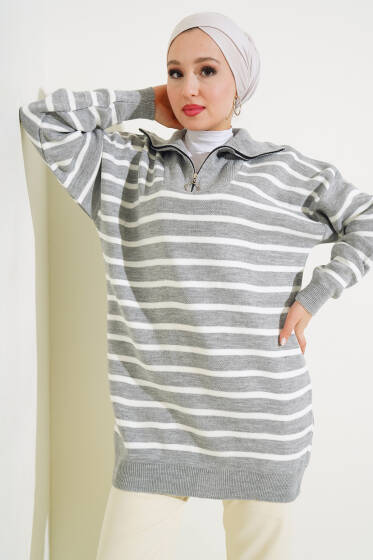 Çizgili Yakası Yarım Fermuarlı Triko Tunik Gri - Tunik